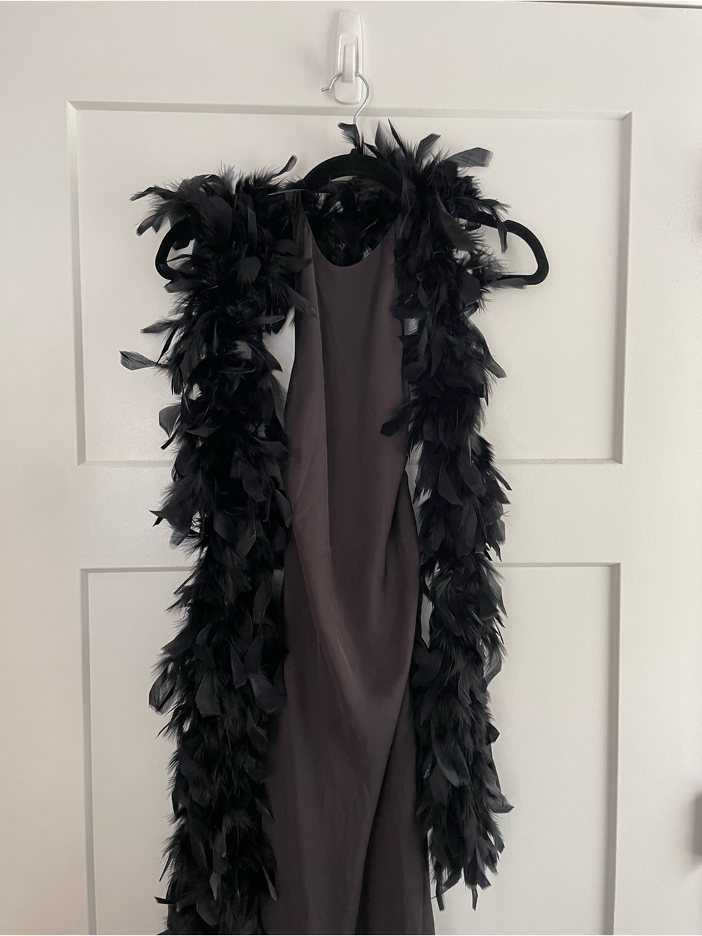 NWT Meshki Rinna Satin Halter Maxi Dress in Black w/ Feather Boa - Picture 3 of 12